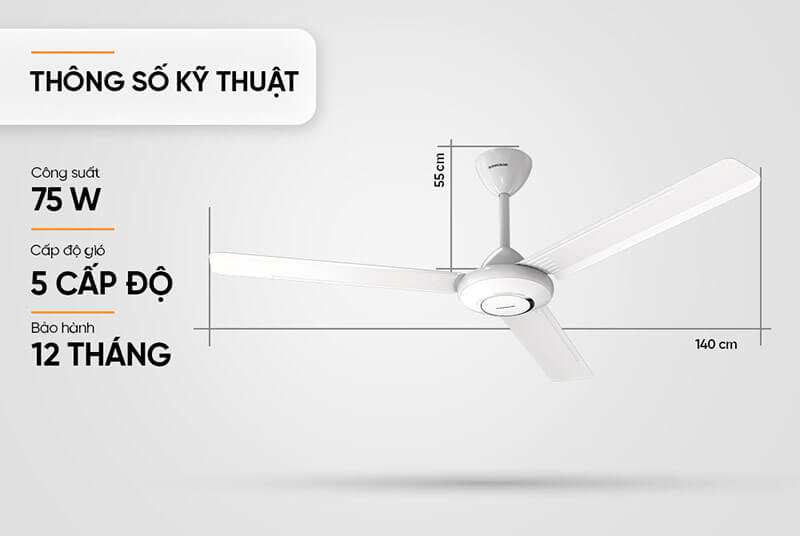 Thông số kỹ thuật của Quạt trần Sunhouse 3 cánh SHD7657 ấn tượng