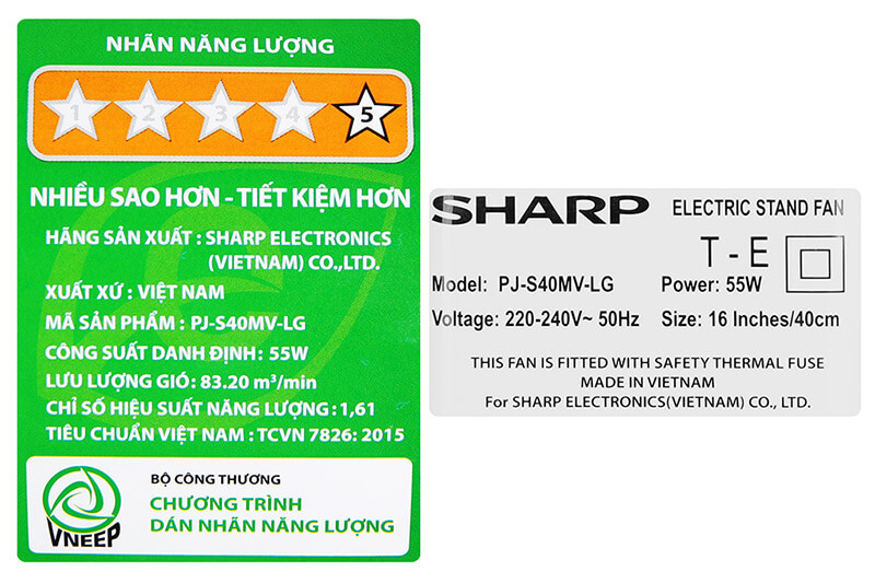 Tem nhãn trên thân quạt cây đứng Sharp PJ-S40MV-LG