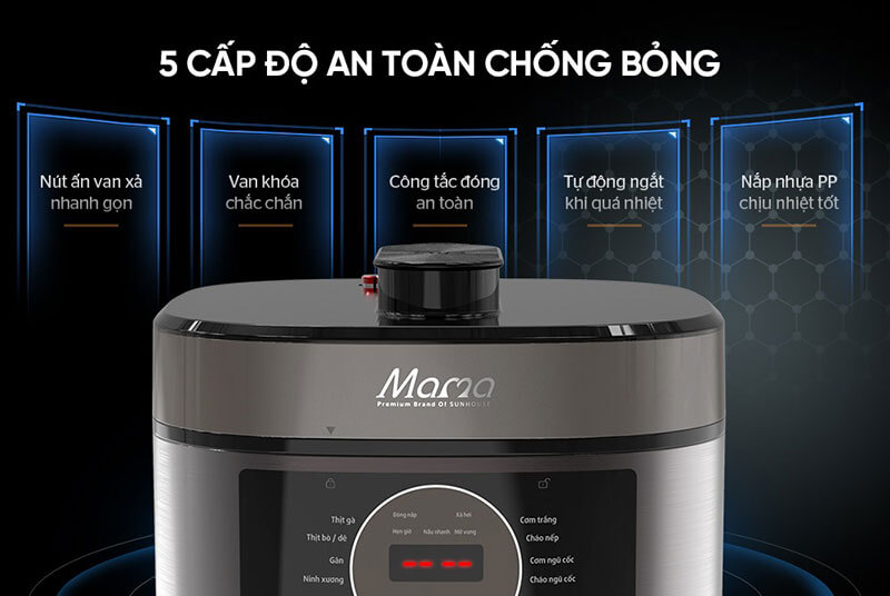 Nồi áp suất điện tử đa năng 5L SUNHOUSE MAMA SHD1580 có 5 cấp độ chống bỏng